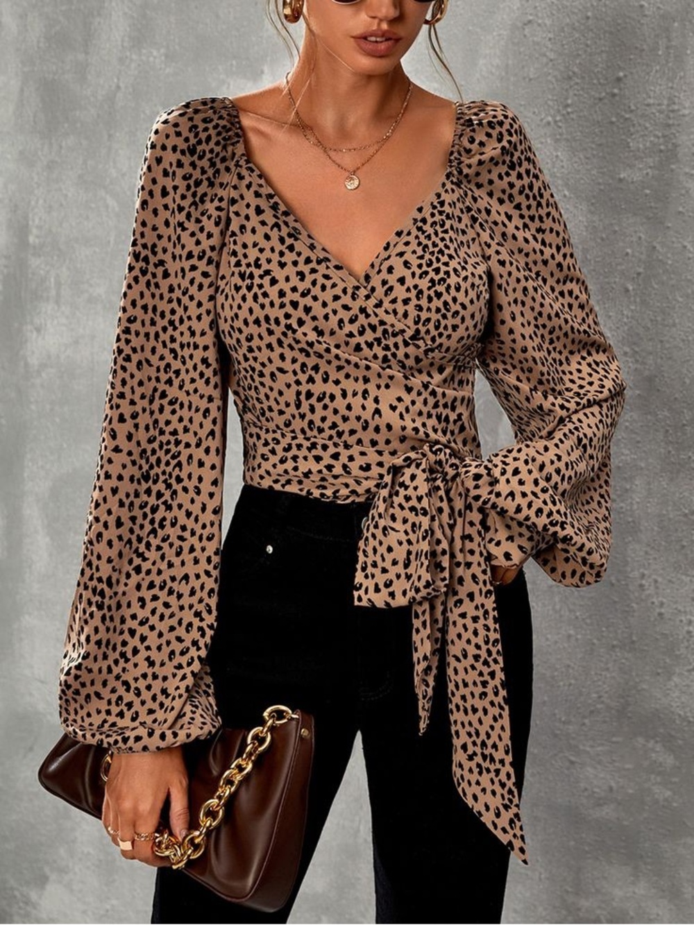 SHEIN Tan Leopard Wrap Tie-Waist Cropped Long-Sleeve Blouse Sz S